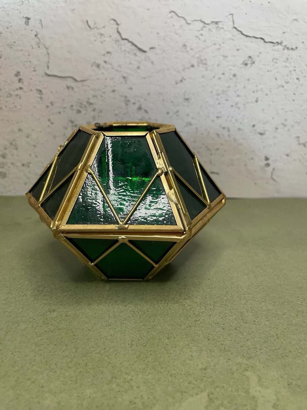 Vintage Stained Glass Tealight Candle Holder Brass Geometric Green